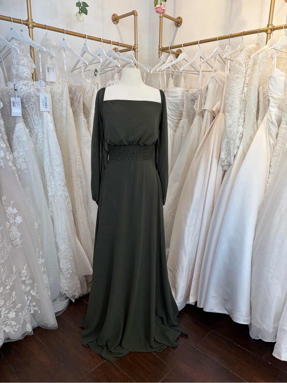 Mori Lee Olive Green Long Sleeve Square-Neck Maxi Dress